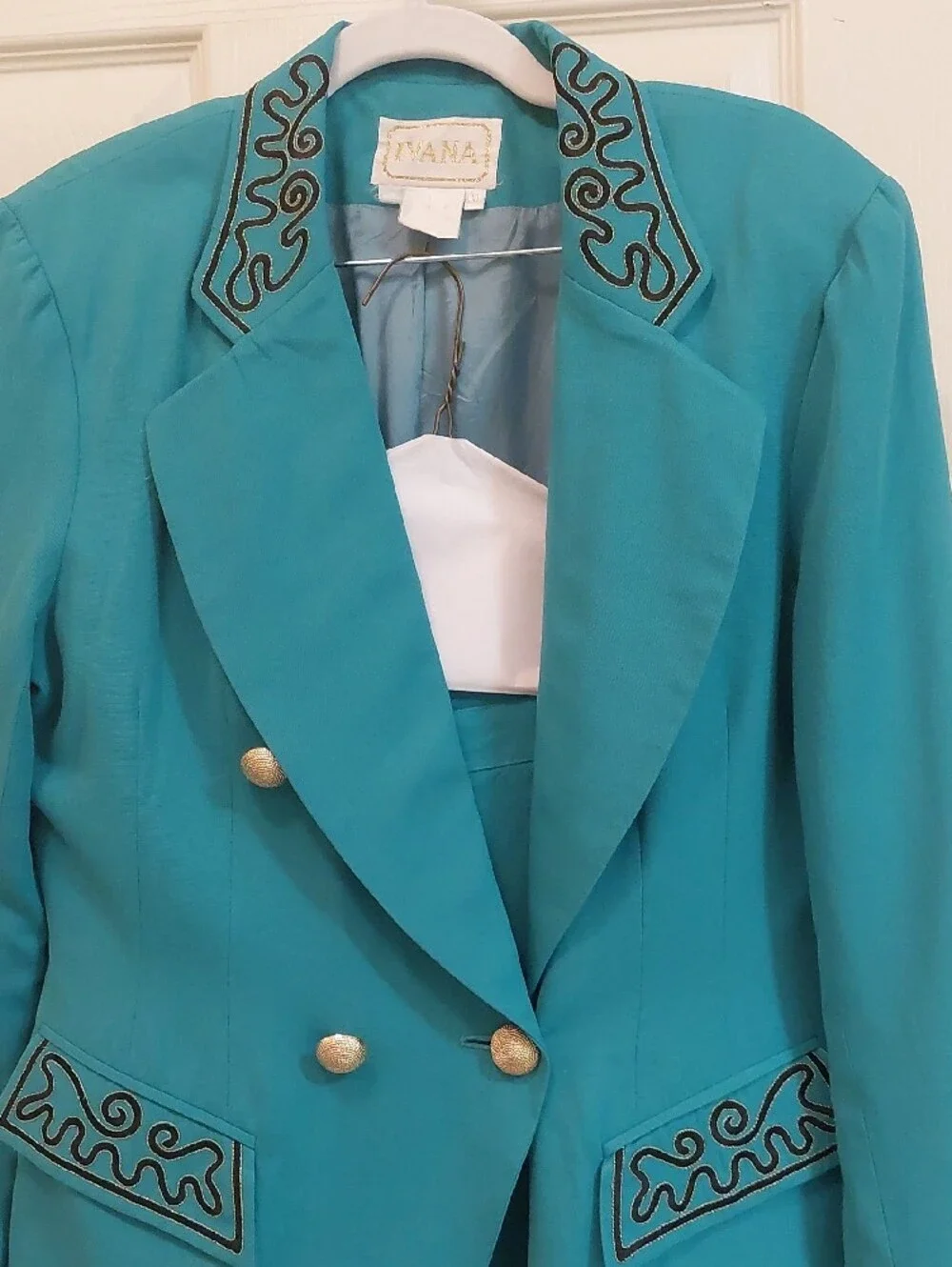Vintage Teal Double-Breasted Women's Suit with Embroidered Trim